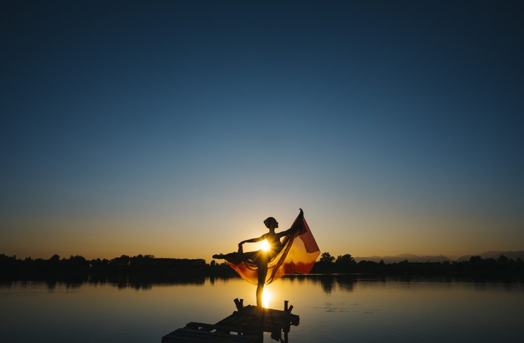 ballerina, lake, sunset